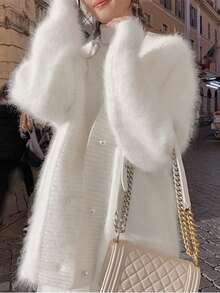 Autumn/Winter Mink Velvet V-Neck Knitted Cardigan Sweater For Women, Loose Oversized Casual Top - White - View 2