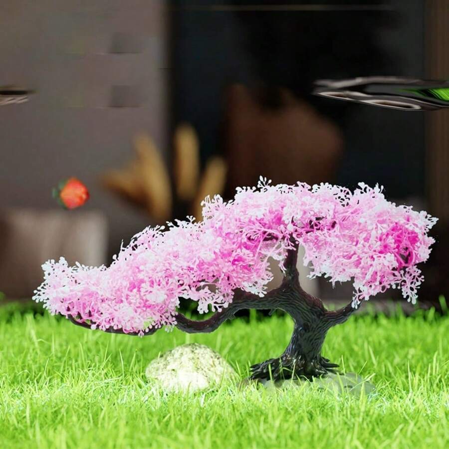 Decoração para aquário, conjunto de ornamentos para paisagem, árvore de cerejeira artificial, plantas aquáticas, adequado para pequenos peixes e camarões se esconderem