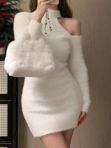 露肩纯色性感毛衣裙，约会必备 - 白色 - 查看 6