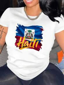 Haiti Flag Letter Print Women's Casual T-Shirt - Knit Polyester Blend, Crew Neck, Short Sleeve, Stretch Fabric, Season Versatile Top - 白色 - 查看 1