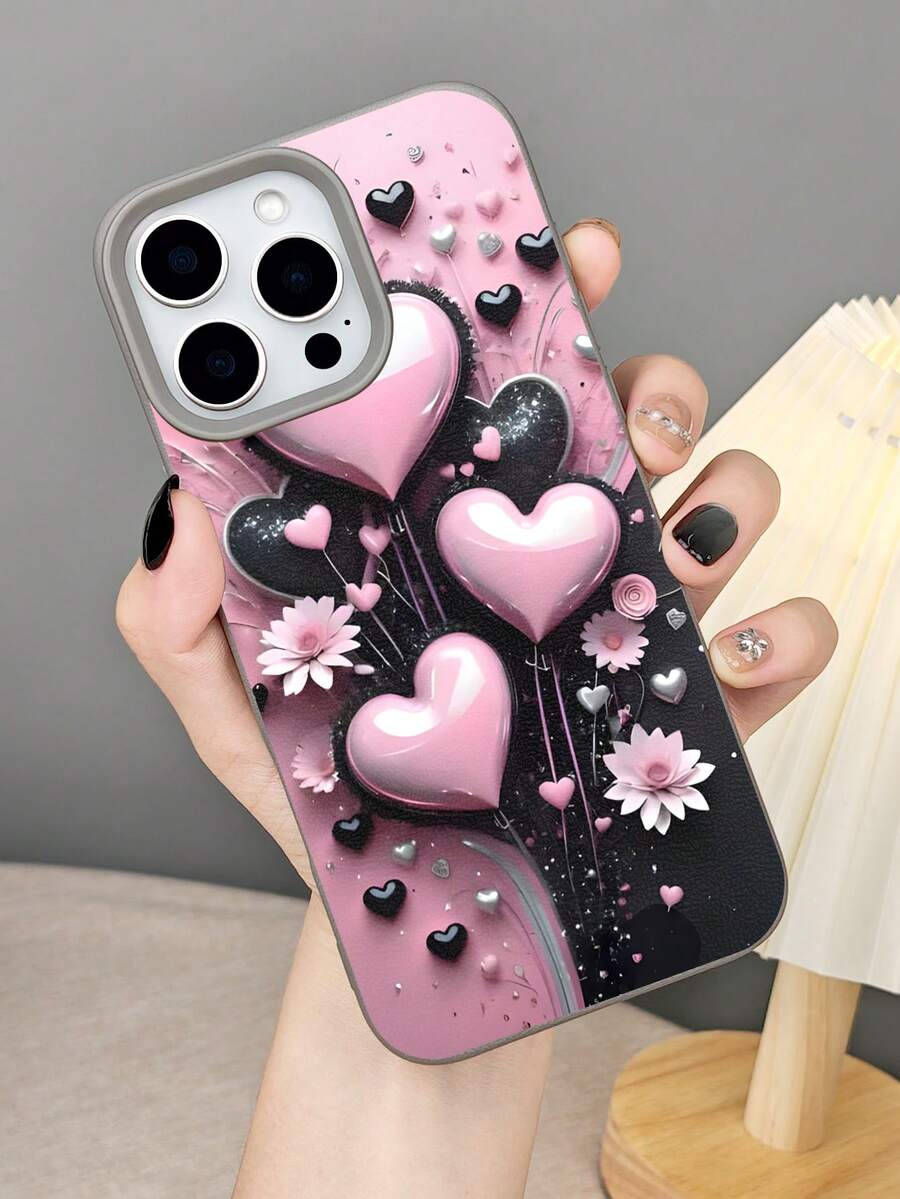 Schutzhülle mit rosa Herz  und Blumendesign für romantisches, ästhetisches Liebesmuster, robuste, stoßfeste Abdeckung, kratzfest, Fallschutz, Telefonzubehör, kompatibel mit iPhone 16promax/16pro/16plus/16/15promax/15pro/15plus/15/14promax/14pro/14plus/14/13promax/13pro/13/12promax/12pro/12/11promax/11pro/11/X/XSmax