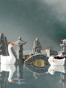 Acessórios de Bonsai de Estilo Chinês Artístico para Paisagismo de Jardim, Decoração de Paisagem de Jardim com Pato e Água, Simulação de Micro Paisagem com Montanha, Pavilhão, Ponte e Cenário de Água em Resina