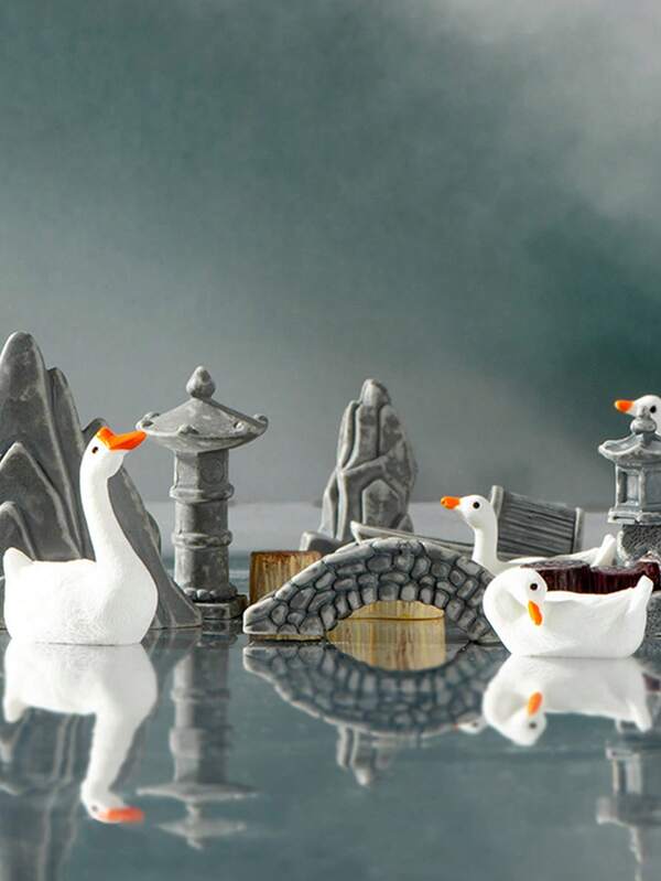 Acessórios de Bonsai de Estilo Chinês Artístico para Paisagismo de Jardim, Decoração de Paisagem de Jardim com Pato e Água, Simulação de Micro Paisagem com Montanha, Pavilhão, Ponte e Cenário de Água em Resina