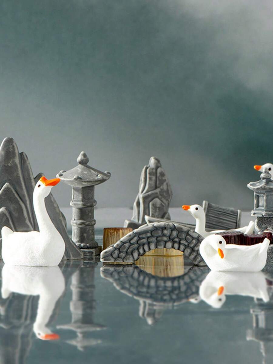 Acessórios de Bonsai de Estilo Chinês Artístico para Paisagismo de Jardim, Decoração de Paisagem de Jardim com Pato e Água, Simulação de Micro Paisagem com Montanha, Pavilhão, Ponte e Cenário de Água em Resina