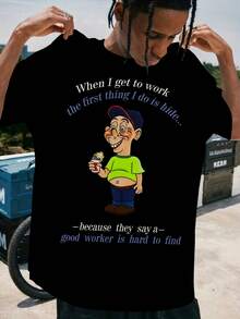 Men's 3D Graphic T-Shirt With Cartoon Character & Humorous Quote Print - Black Casual Summer Tee, Regular Fit Round Neck, Soft Stretch Fabric, Machine Washable, Casual Attire| Playful Design| Durable Casualwear - Black - View 2