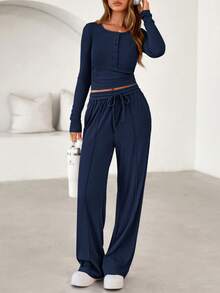 PRETTYGARDEN Women's Spring Fall 2 Piece Outfits Lounge Sets Long Sleeve Top Henley Shirts Wide Leg Pants Travel  Sweatsuit Set Women Clothes Home Clothes Going Out Outfits Sports Valentine Vacation Outfit For Women - 藏蓝色 - 查看 1