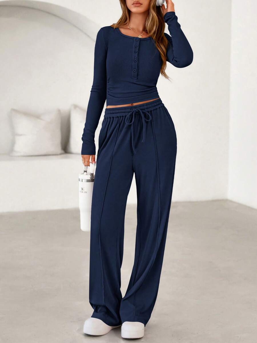 PRETTYGARDEN Women's Spring Fall 2 Piece Outfits Lounge Sets Long Sleeve Top Henley Shirts Wide Leg Pants Travel Sweatsuit Set Women Clothes Home Clothes Going Out Outfits Sports Valentine Vacation Outfit For Women - 藏蓝色 - 查看 1