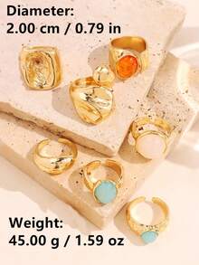 7 件套复古奢华百搭优雅个性化独特几何玉石镶嵌戒指套装，女士厚金金属时尚戒指适合日常和派对装饰，礼品首饰套装 - 彩色 - 查看 10
