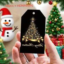 48pcs Christmas Black Gold Gift Tags With Hemp String – Festive Labels For Holiday Gift Wrapping, Christmas Tree Ornaments & Festive Home Decor, Ideal For Christmas Party Supplies - Multicolor - View 2