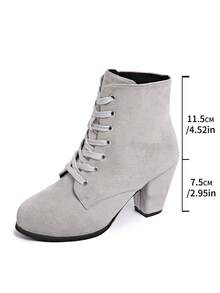 2025秋冬新款欧美时尚系带罗马角斗士靴，黑色高筒圆头粗跟靴 - 灰色 - 查看 7