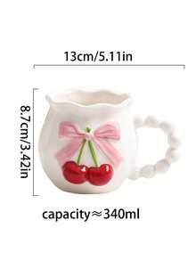 1pc Cute 3D Bowknot & Cherry Ceramic Coffee Mug, Romantic Dotted Yogurt Cup, Water Cup, Unique Creative Milk Cup, Suitable For Afternoon Tea, Daily Afternoon Tea / Best Choice For Girlfriend Gathering