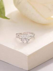 1pc Stainless Steel Purple Four-Leaf Clover & Cubic Zirconia Open Ring, Sweet Style Suitable For Women's Daily Wear - 銀紅色 - 查看 8