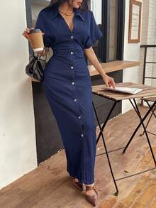 Seelio 春夏新款时尚V领百褶腰修身牛仔中长连衣裙 - 藍色 - 查看 5