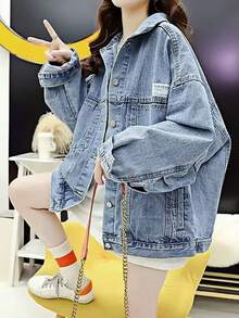 女式宽松落肩牛仔夹克，带口袋，春/秋