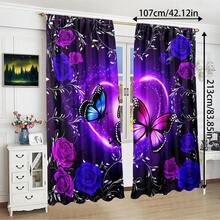2 Pieces Set Fantasy Purple Butterfly Print Curtain Semi-Blackout Decor Window Treatment Living Room Bedroom Office Home Drapes, Polyester Floral & Butterfly Print Anti-UV And Insulation, Room Decor - Purple - View 8
