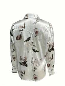 大码女式休闲办公植物随机印花缎面长袖衬衫，百搭，秋冬上衣，万圣节大码衬衫，圣诞节服装，适合派对、生日、日常办公穿着，秋冬女装，女士节日服装，万圣节服装，圣诞节套装，沙特国庆节派对礼服，外套，女士度假风 - 白色 - 查看 2