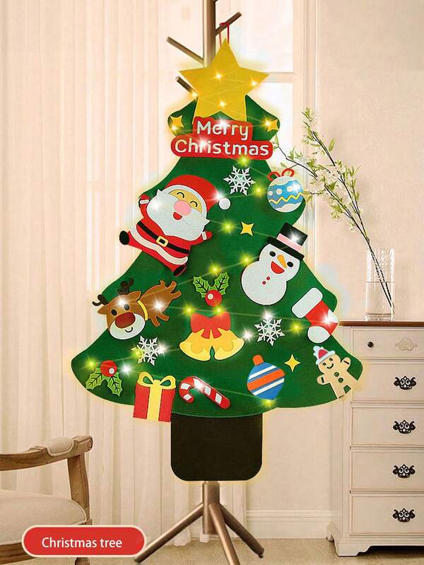 1pc Christmas Tree 3.2ft DIY Wall Hanging Xmas Tree With 32 Pcs Ornaments And 21 Pcs Ornaments And Two 20LED Light Strips, Christmas Decoration,Christmas Gifts For Boys And Girls Home Decor Christmas Decorations Room Decor