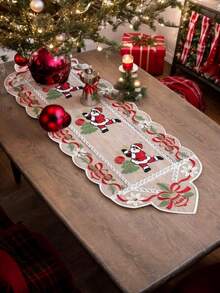 1 buc. Șervețel de masă de Crăciun cu panglici florale, clopoței de Crăciun, brazi de Crăciun și design cu Moș Crăciun - țesătură din plasă de poliester, decor de sărbători roșu și alb - potrivit pentru bucătării, sufragerii, petreceri, Crăciun, utilizare în interior/exterior - disponibile în mai multe dimensiuni - decor de masă de Crăciun