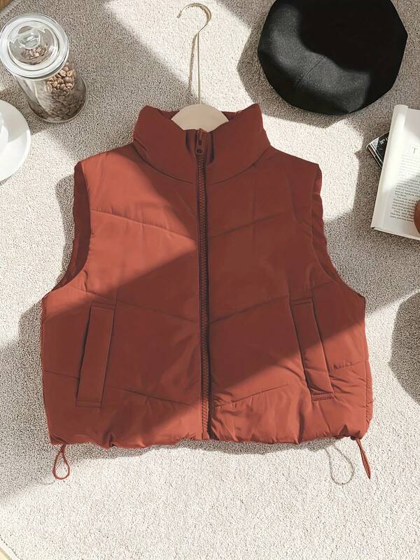 Women's Casual Solid Color Zip-Up Stand Collar Padded Vest, Warm For Autumn/Winter
