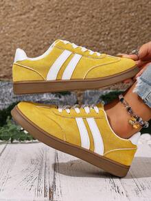 Giày thể thao nữ cỡ lớn buộc dây, màu vàng, thích hợp cho học sinh, sinh viên, giày đế bằng thoải mái, chống trơn trượt, phối màu thời trang. - Màu vàng - Xem 2