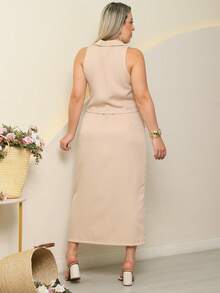 Conjunto Feminino Saia midi Alfaiataria com fenda e colete Premium  Simples    Bolso  Botões na frente  Botão    Escritório - Bege - Visão 4