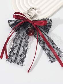 Lace Bow Keychain Hollow Red Ribbon Cherry Y2k Fashion Design Charm Delicate Backpack Key Chain Valentine's Day Gift Accessories Fall Burgundy - Black - View 3