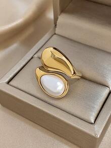 1 件简约优雅镀不锈钢珍珠可调节女士戒指，不对称泪珠首饰，妈妈礼物，圣诞节感恩节万圣节，周年纪念情人节礼物，送给女朋友妻子的日常派对礼物 - 彩色 - 查看 9