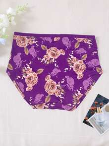 7 peças/pacote Calcinha Tipo Maiô Bikini de Cintura Média/Alta Confortável com Estampa de Rosa para Mulheres Plus Size