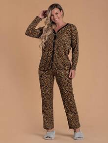Pijama Curto Feminino Verão Adulto Americano Animal Print Marrom Abertura Com Botões - Amarelo - Visão 1