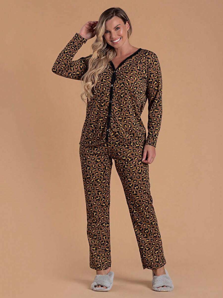 Pijama Curto Feminino Verão Adulto Americano Animal Print Marrom Abertura Com Botões - Amarelo - Visão 1