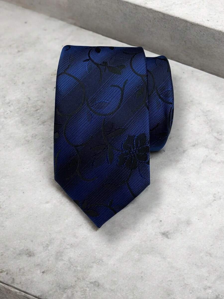 Luxury Men's Skinny Ties Polyester Silk Solid Polka Dot Striped Check Skinny Jacquard Groomsman Tie - 藏蓝色 - 查看 1