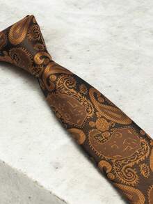Luxury Men's Skinny Ties Polyester Silk Solid Polka Dot Striped Check Skinny Jacquard Groomsman Tie - 咖啡棕 - 查看 4