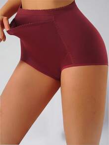 1pc Plus Size Women High Waist Tummy Control Breathable Sports Panties, Front Pocket Design Suitable For Yoga, Workout And Daily Wear - Burgundy - View 3