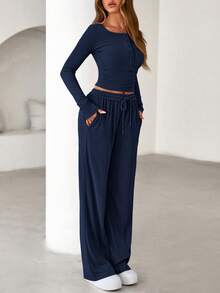 PRETTYGARDEN Women's Spring Fall 2 Piece Outfits Lounge Sets Long Sleeve Top Henley Shirts Wide Leg Pants Travel  Sweatsuit Set Women Clothes Home Clothes Going Out Outfits Sports Valentine Vacation Outfit For Women - 藏蓝色 - 查看 5
