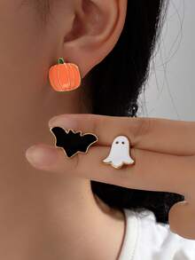 3 Pairs/Set Of Halloween Metal Orange Pumpkin, Bat, Ghost Lady Earrings, Sweet And Unique Holiday Jewelry - Pumpkin Ghost Bat - View 4