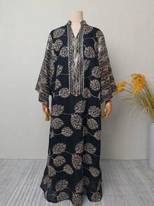 女款對比色亮片刺繡缺口領洋裝，女士伊斯蘭風度假黑色服飾 - 黑色 - 查看 6