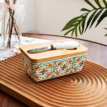1 Set Ceramic Butter Dish With Bamboo Lid & Knife, Large European Style Butter Plate, Cheese Storage Box, Food Storage Container, Kitchen Butter Dish, Countertop Food Storage Box, High Sealing Butter Box, Suitable For Kitchen Accessories, Refrigerator Storage, Home Kitchen Storage, Great For Gifts And Holiday Decor - Multicolor - View 16
