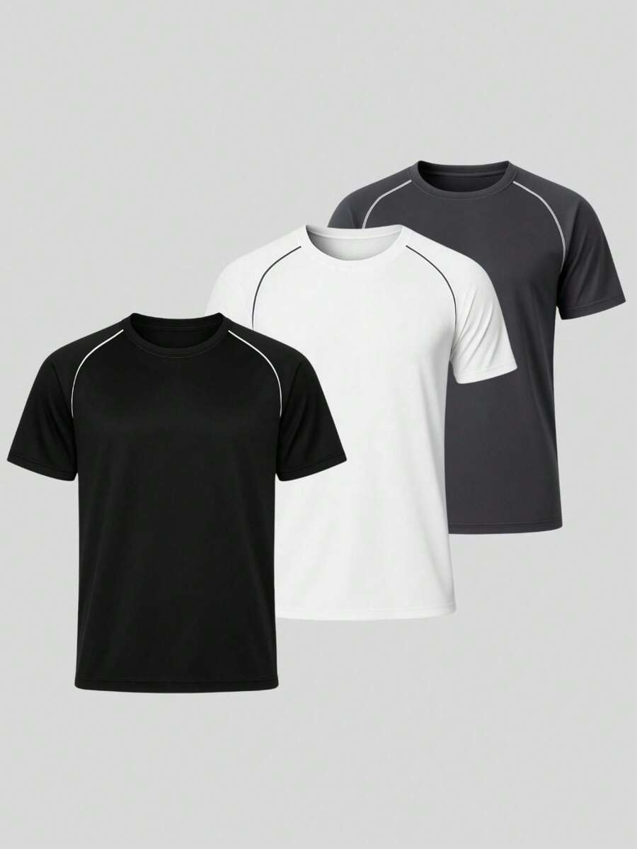 Kit 3 Men's Dry Fit Sports T-Shirts, Comfortable For Training And Everyday Life - 黑白鉛 - 查看 1