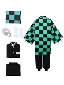 Anime Tanjiro Cosplay Costume, Men's Kimono Suit, Halloween Party Costume (Without Wig And Saber Props)