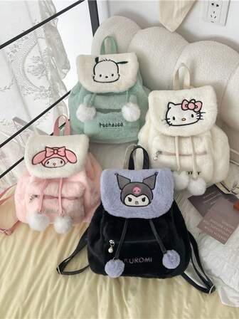  1 件 Sanrio 毛绒背包卡通黑宫旋律可爱背包女孩甜美书包收纳袋