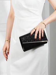 REMANLAND Shiny Evening Clutch, Elegant Fashion Envelope Bag, Ladies Wedding Party Handbag - Black - View 5