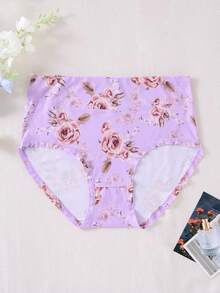 7 peças/pacote Calcinha Tipo Maiô Bikini de Cintura Média/Alta Confortável com Estampa de Rosa para Mulheres Plus Size