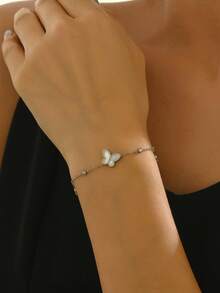 1入時尚白色貝殼蝴蝶鑲嵌鑽石不鏽鋼手鏈，優雅甜美的慶祝和節日配飾，女性必備 - 金黃色 - 查看 3