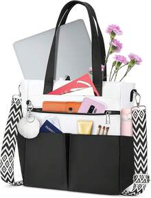 Lubardy Bolsas Tote de Mujer con Pompón Bolsa de Lona Mujer Bolsa Tote Bag Impermeable Bolso Mujer con Bandolera - Negro & Blanco - Ver 9