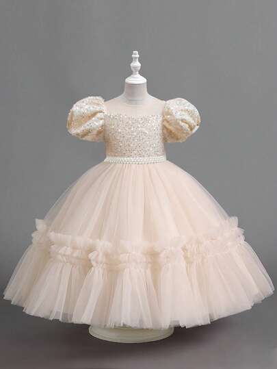 Young Girls' Princess Party Beaded Sequin Puffy Long Dress, Birthday Wedding Gown