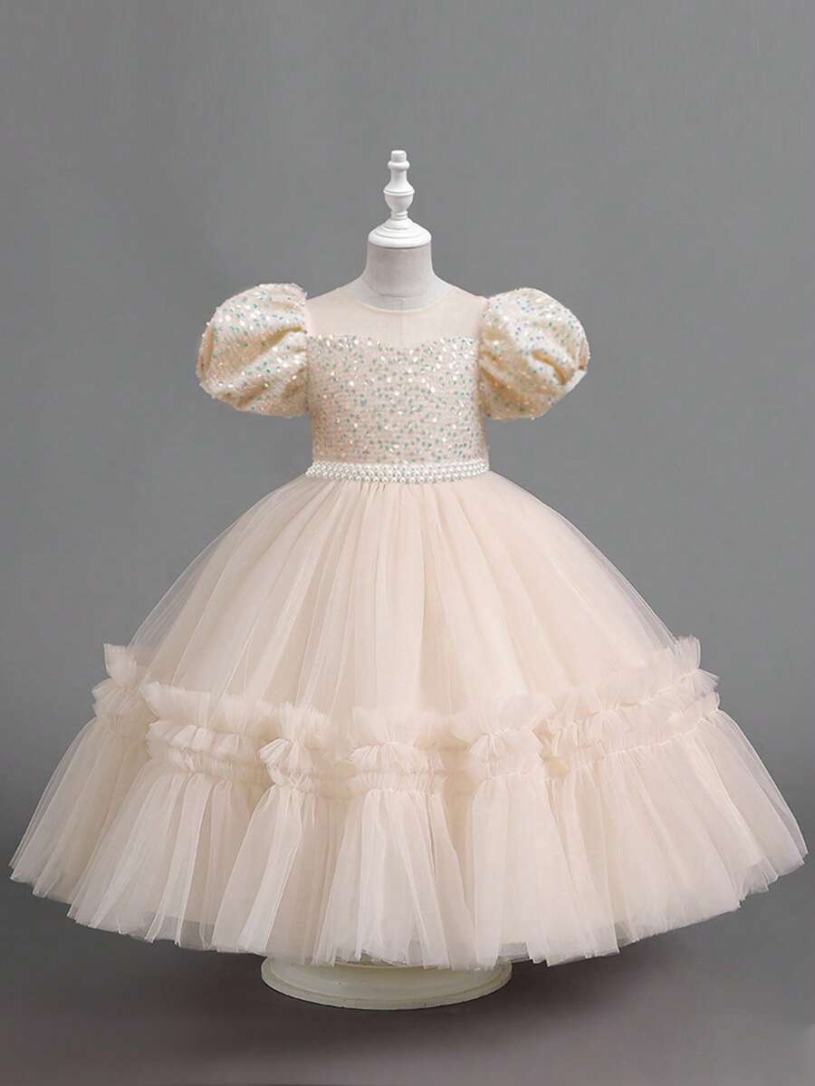 Young Girls' Princess Party Beaded Sequin Puffy Long Dress, Birthday Wedding Gown - 香檳色 - 查看 1