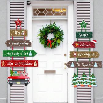 1set Merry Christmas Paper Hanging Door Sign, Santa Claus Christmas Tree Elk Pattern Christmas Is Coming Design Front-Porch Door Hanger Decor For Xmas Holiday Home Decorations Supplies