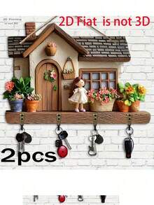 2D Flat - 1pc Cute Flat Printed Villa - Wood - Wooden Multifunctional Home Hooks - Key Holder With 4 Metal Hooks - Wall Decor, Porch Decor, Room Decor, Villa Decor, All Season Home Decor, 2D Flat - Multicolor - View 10