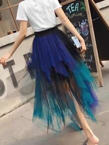 Ombre Asymmetrical Mesh Tulle Skirt, New Spring/Summer Midi Puff Skirt, Fairy Style Pleated Skirt - Black, Green, and Navy Blue - View 2