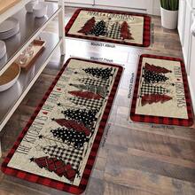 1/2/3pcs Christmas Kitchen Carpet, Red Checkered Christmas Tree Decoration Floor Mat, Anti-Slip Christmas Kitchen Floor Mat, Thickened Flannel Material Soft, Comfortable, Easy To Clean, Suitable For Kitchen, Bedroom, Living Room, Door, Bathroom Entrance, Laundry Room - 彩色 - 查看 1